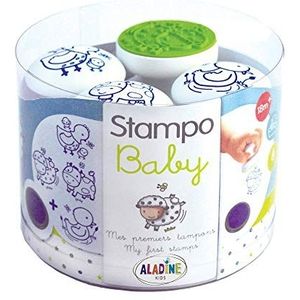 Aladine - Stampo Baby boerderij – stempelset voor kinderen – handmatige activiteiten voor baby's – wasbare inkt – speelgoed en creatieve spelletjes – doos met 4 stempels + grote blauwe inkt inbegrepen