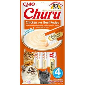 INABA Churu - Kattentraktaties in puree met kip en rundvlees – 4 tubes x 14 g – heerlijke snacks voor katten – gladde en romige textuur – kattenvoer