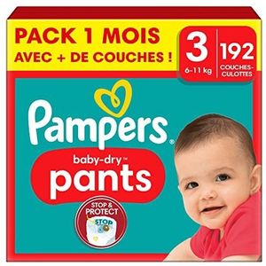 Pampers Baby-Dry luierbroekjes, maat 3, 192 luiers, 6 kg - 11 kg, met een stop & Protect-zak om lekken aan de achterkant te voorkomen