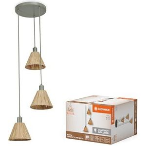LEDVANCE Groene 3-vlam Decor Raffia Plate bast en metalen hanglamp, E27, 430 mm diameter, lampenkap gemaakt van gerecycled materiaal, duurzaam door vervangbare lichtbron, eenvoudige installatie