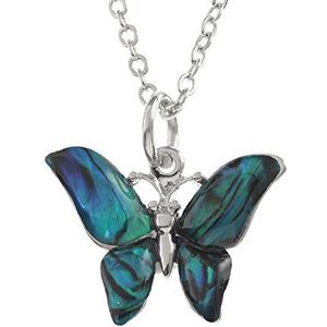 Kiara ketting met vlinderhanger, ingelegd, natuurlijke abalone, blauw, groen, 45,7 cm, gerhodineerd, verzilverd, 45,7 cm, schelp, parel, Schelp, Parel