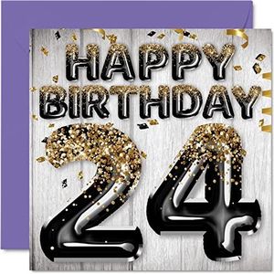24e verjaardagskaart voor heren, zwarte en gouden glitter, verjaardagskaarten voor mannen van 24 jaar, zoon, broer, oom, neef, 145 mm x 145 mm, vierentwintigste wenskaarten