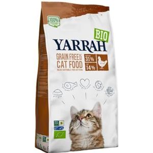 YARRAH Biologisch droogvoer voor katten, graanvrij, hoogwaardig droogvoer voor katten, hoog voedingsgehalte, kattenvoer van alle leeftijden met biologische kip en