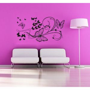 Adesiviamo Muursticker van PVC, motief vlinders en bloemen, 75 x 55 cm, zwart