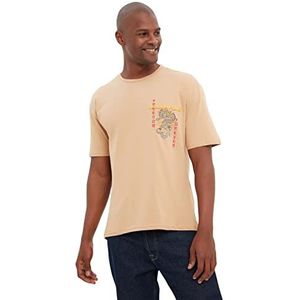 Trendyol T-shirt tissé à col rond standard décontracté pour homme, beige, M