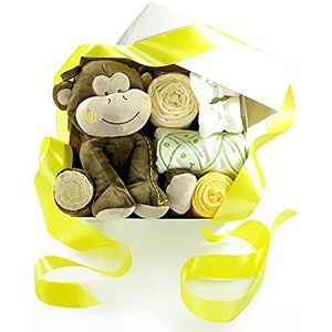 Dubistda-WINDELTORTEN-® geschenkset voor de geboorte SAFARI neutraal geel | 6-delig geschenkmand