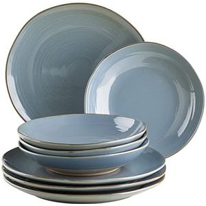 MÄSER 8 stuks vintage bordenset voor 4 personen met borden en soepborden in onregelmatige retro look, steengoed, blauw-grijs
