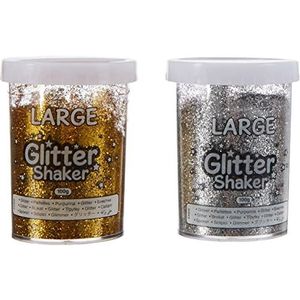 Baker Ross Set van 2 gouden en zilveren glitterpotten voor kinderen, grote glittercontainers, perfect voor knutselen in klaslokalen, scholen en kleuterscholen