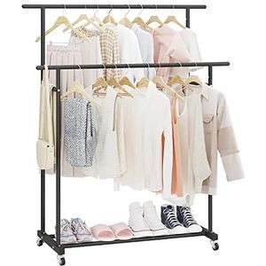 Calmootey Kledingrek met dubbele stang, kledingrek op wielen, draagbare kledingorganizer voor slaapkamer, woonkamer, kledingwinkel, zwart