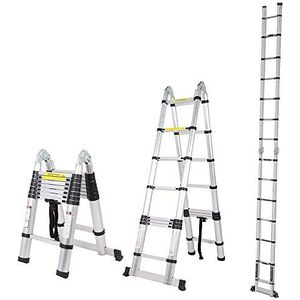 Telescopische ladder, 5 m, 2-in-1, multifunctionele ladder, opvouwbaar, 150 kg, maximale belasting (2,5 + 2,5 m, 16 treden)