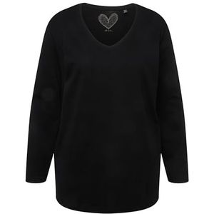 Ulla Popken T-shirt, V-hals, casual, langarm tuniek voor dames, zwart.