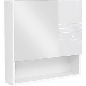 VASAGLE Badkamermeubel met spiegel, deur en bovenkant glanzend, wandopbergkast, hangkast, met open vak en verstelbare planken, 54 x 15 x 55 cm, wit BBK122W01