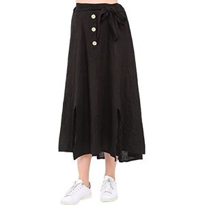 Bonateks Women Skirt 100% Linen Made in Italy, Jupe Longue à Boutons avec ceinturage Foulard, Noir, Taille: XL, Noir, XL