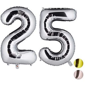 Relaxdays Opblaasbare ballon cijfer 25, decoratieve ballon voor verjaardag, zilveren bruiloft, 85-100 cm, XXL, zilver, h x b x d: ca. 85 x 50 x 17 cm