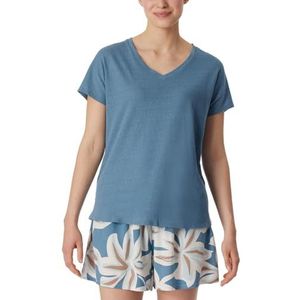 Schiesser Dames nachtshirt met korte mouwen van katoen en linnen mix + relaxed pyjamatop, Grijs blauw_181196