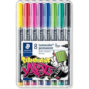 Staedtler Lumocolor Permanent, permanente viltstiften voor meerdere oppervlakken, medium punt, water- en UV-bestendige inkt, ezelhoes met 8 verschillende kleuren, 317 WP8-1