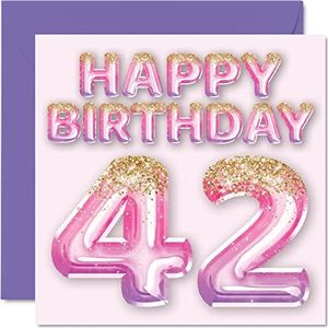 Verjaardagskaart voor vrouwen, ballonnen, glitter, roze, paars, verjaardagskaart voor vrouwen, 42 jaar, 145 mm x 145 mm, wenskaarten voor 42 jaar