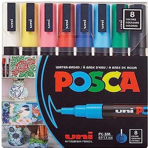 POSCA - Mitsubishi Pencil PC3M Markers, 8 stuks, conische punt, fijne punt, verfmarker op waterbasis, alle ondergronden, voor papier, textiel, glas, kiezelsteen, hout, klassieke kleuren
