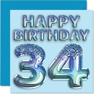 Verjaardagskaart 34e verjaardag heren - blauwe glitterballon - verjaardagskaarten voor 34-jarige mannen, broer, vriend, oom papa, 145 mm x 145 mm, wenskaarten voor vierendertig