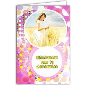 Afie 68-1019/2 kaart met envelop, wenskaart voor uw communie met pailletten, witte jurk, wit, broodveld, Oostie, kleur: roze, party, lente