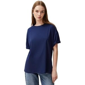 Trendyol T-shirt en tricot Boyfriend basique à col rond pour femme, bleu marine, L