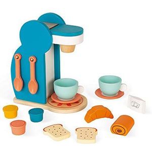 Janod - Ontbijtset - Houten koffiezetapparaat + 14 accessoires - 3 capsules, lepels, kopjes en schoteltjes, gebak - Kookgerei om te spelen - Van 3 tot 8 jaar, J06599