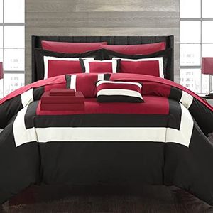 Chic Home Dekbedovertrekset met kleurrijke blokken en kussenslopen, microvezel, voor King Size bed, rood