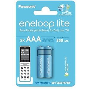 Panasonic eneloop lite ready-to use batterij Ni-MH, AAA/Micro, 2 stuks blister voor draadloze telefoons (DECT), min. 550 mAh, oplaadbare batterijen worden geleverd in een plastic vrije verpakking