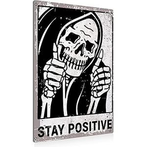 Vintage bord van metaal met doodskop ""Stay Positive"", grappige wanddecoratie, retro bord voor thuis, woonkamer, slaapkamer, 20,3 x 30,5 cm