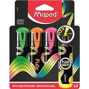 Maped - 4 Fluo Peps Flex markeerstiften - flexibele zachte punt - schrijfcomfort op alle papiersoorten - Heldere kleuren geel + groen + roze + oranje - Herbruikbare tas 740300