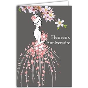 AFIE Gelukkige verjaardagskaart voor jong meisje – dames illustratie bloemenjurk roze lente prinses danseres fee – envelop inbegrepen – gemaakt in Frankrijk 65-1333