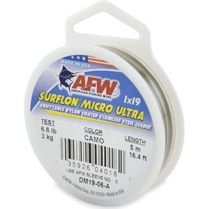 American Fishing Wire Surflon Micro Ultra Fil de ligne en acier inoxydable avec revêtement en nylon 1 x 19, couleur marron camouflage, test de 3 kg, 5 m