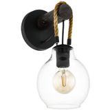 EGLO Roding binnenwandlamp vintage stijl binnenverlichting helder glas zwart metaal hout henneptouw woonkamerlamp slaapkamer lamp E27 fitting