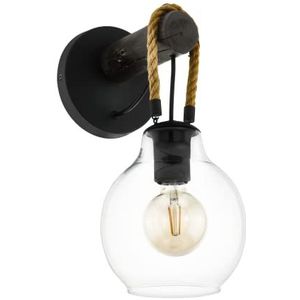 EGLO Roding Indoor Wandlamp, Indoor Vintage Stijl Helder Glas Zwart Metaal Hout Hennep Touw Woonkamer Slaapkamer Lamp E27 Fitting