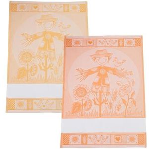 Filet - Set van 2 jacquard keukendoeken met canvas inzetstuk Aida 55 borduurgaten, perfect voor het drogen van servies, gemaakt in Italië, vogelverschrikker motief in de kleur oranje en geel