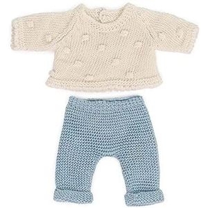 Miniland Dolls - Gebreide kledingset gemaakt van gerecycled materiaal voor baby's van 21 cm, model: witte stippen trui en blauwe broek.