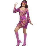 Smiffys 45519S - dames Woodstock hippiekostuum, jurk, hoofddoek en medaillon, maat: 36-38, meerkleurig