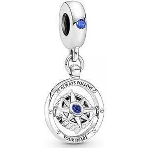 Pandora Charm hanger ""Kompas"" zilver, kristal blauw 790099C01, Eén maat, Sterling zilver, Zirkonia