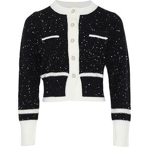 Aleva Cardigan en tricot rétro tendance pour femme - Couleur contrastée - Col rond - Noir - Taille XL/XXL, Noir, XL