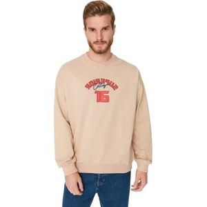 Trendyol Sweatshirt met ronde hals met slogan standaard trainingspak heren, beige, L, Beige