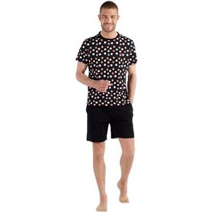 HOM Korte pyjama Fabian Pajama set voor heren, Top Print Parasol Multico Zwarte Achtergrond, Effen Onderkant Zwart