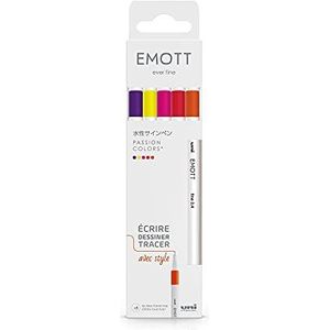 Emott Uni Ball – Uni Mitsubishi Pencil – 5 viltstiften Passion Colors – om te schrijven, tekenen, tekenen in stijl – fijne punt 0,4 mm – rood, roze, citroengeel, donkeroranje
