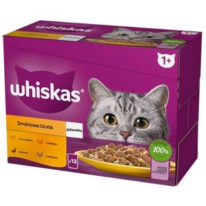 WHISKAS Kattenvoeding – 48 versheidszakjes (4 verpakkingen van 12 x 85 g) – Gevogelte (4 soorten) – natvoer voor volwassen katten in gelei. Vocht voer, ook geschikt voor gesteriliseerde katten