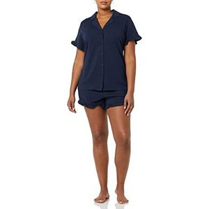 Amazon Essentials Ensemble de pyjama en coton et modal passepoilé à col cranté pour femme (disponible en grande taille), bleu marine, taille L