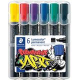 Staedtler Lumocolor 350 WP6-1 Permanent Marker met afgeschuinde punt, water- en UV-bestendige inkt, schildersezel etui met 6 verschillende kleuren