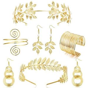 JeweBella 6 stuks Griekse godin kostuum accessoires voor vrouwen goud laurierblad kroon hoofdbanden armband armband spoel oorbellen parel swing bruid set sieraden set, messing, parel, Messing, Parel