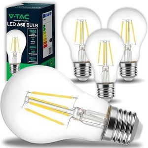 V-TAC 4 x LED-lampen filament E27 – A60-10 W (komt overeen met 75 W) – 1055 lumen – led-glazen lamp – maximale efficiëntie en energiebesparing – 4000 K neutraal wit