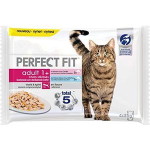 PERFECT FIT Maaltijden voor volwassen katten, gesteriliseerd, 52 verse zakjes (13 verpakkingen van 4 x 85 g) – kattenvoer in zalm/witte vissaus – compleet en uitgebalanceerd voer, 13 x 4 x 85 g