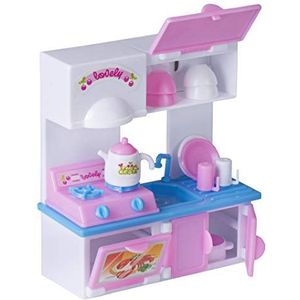 Playkidiz Mini Doll Kitchen Playset: Pretend Play Mini Doll met super duurzame keukenaccessoires voor het poppenhuis voor kinderen of gewoon een grappig spel (roze keuken)