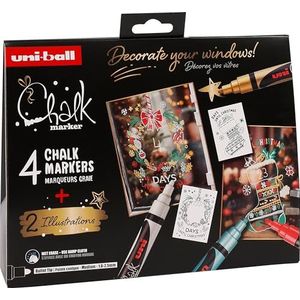 Uni-Ball 186831 - Xmas trad krijtmarkerset, 4 markers met 2 sjablonen, UNI CHALK MARKER, krijtstiften voor ramen